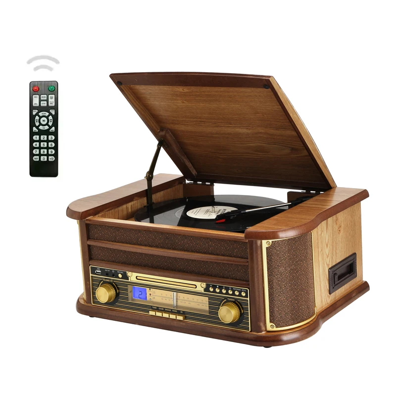 

Latest 2024 model Vintage 7 In 1 AM FM Radio Audio Vinyl Turntable Record Player With Speaker Cassette CD Recording