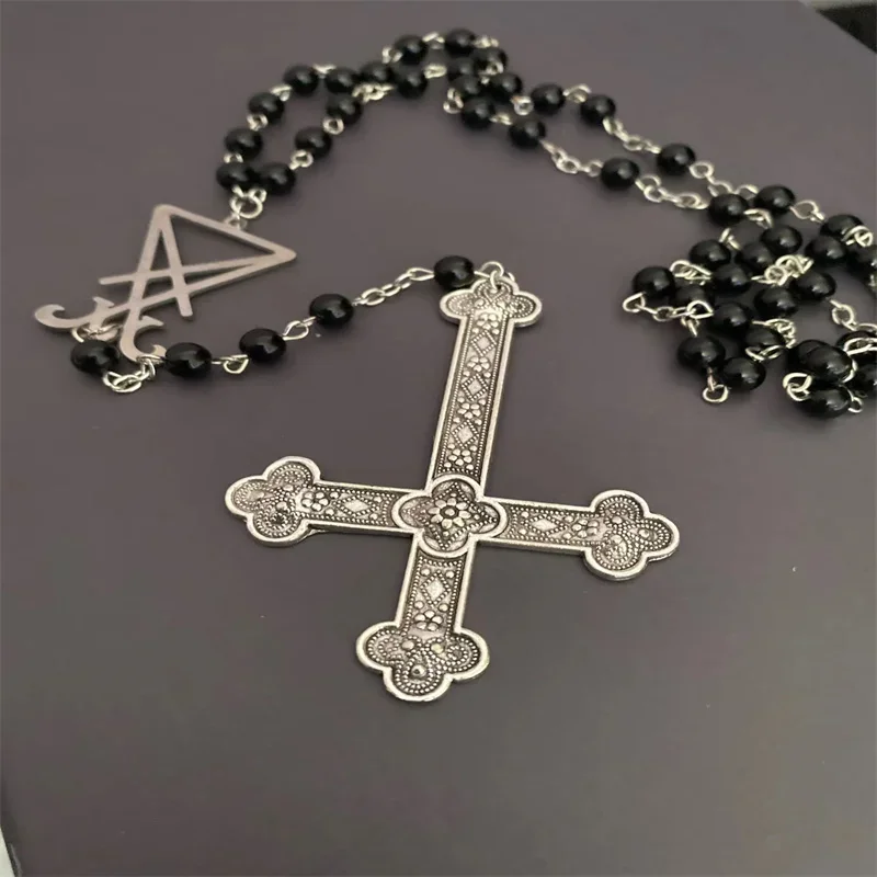 Satanic Rosary Sigil of Lucifer Ornate Upside Down Cross Small Beads Unholy Magic Pagan Wiccan Occult Necklace Jewelry Gift