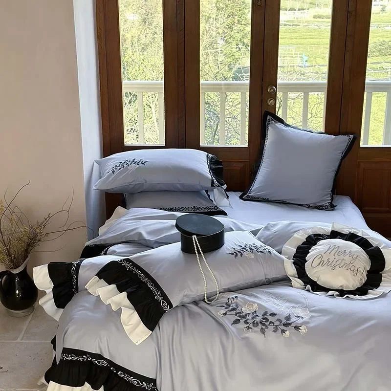 4Pcs Flowers Embroidery Ruffles Egyptian Cotton Bedding Set Duvet Cover Bed Sheet Pillowcases (Decorative pillows not included)