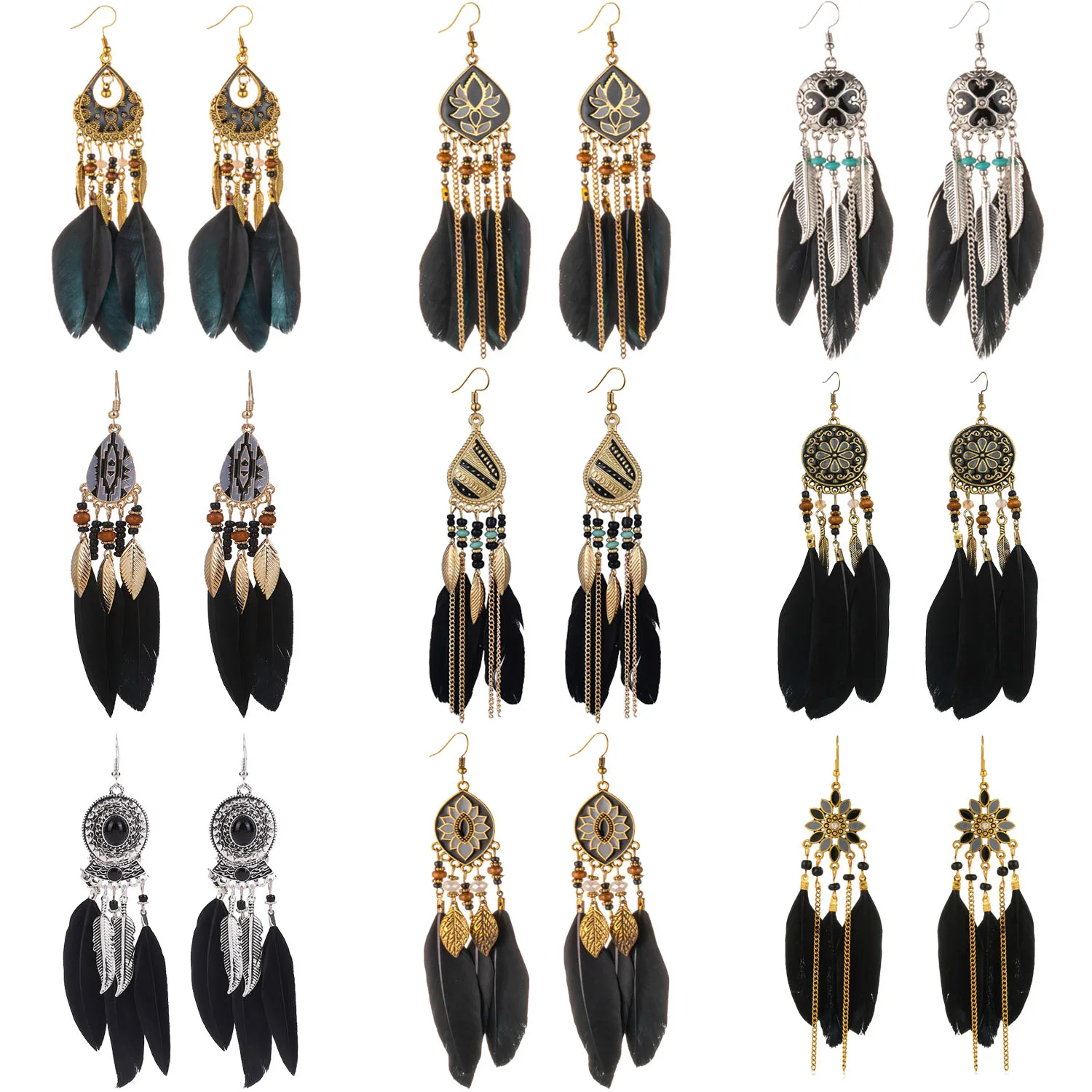 Fashion Temperament Long Black Feather Earrings for Women Boho Retro Texture Beach Chain Metal Leaf Tassel Earrings Bijoux Femme