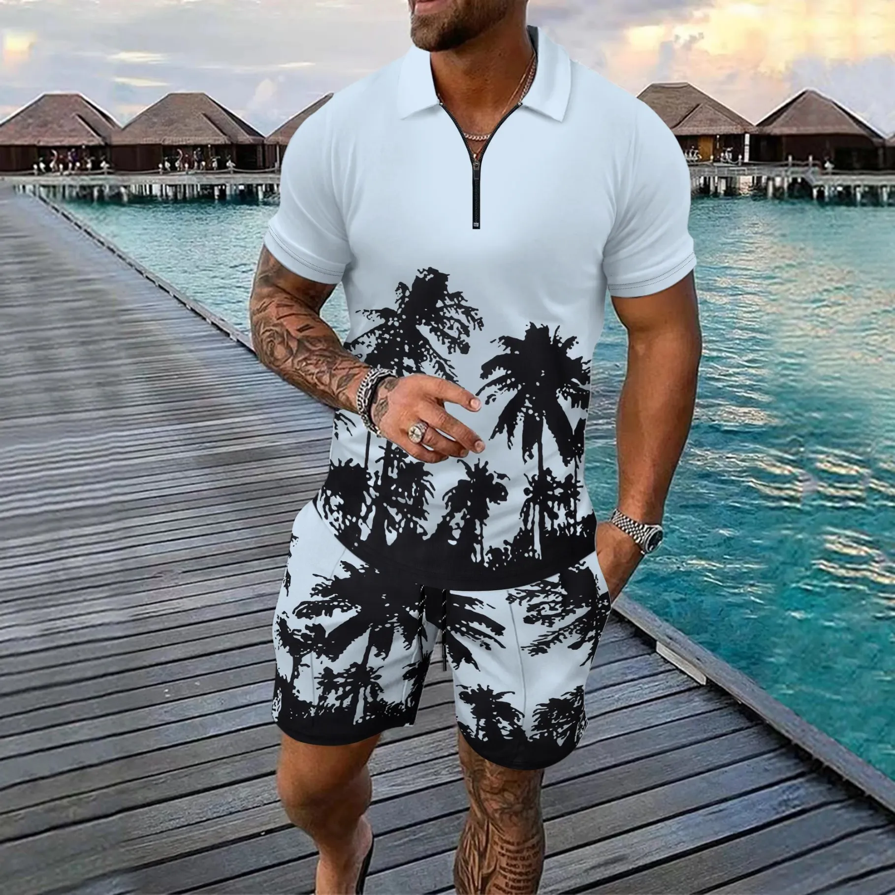 3D Coconut Tree Print Men's Short Sleeve Set Fashion Zipper Polo Shirt + Hawaiian Shorts 2 Piece Outfit Summer Casual Loose Suit