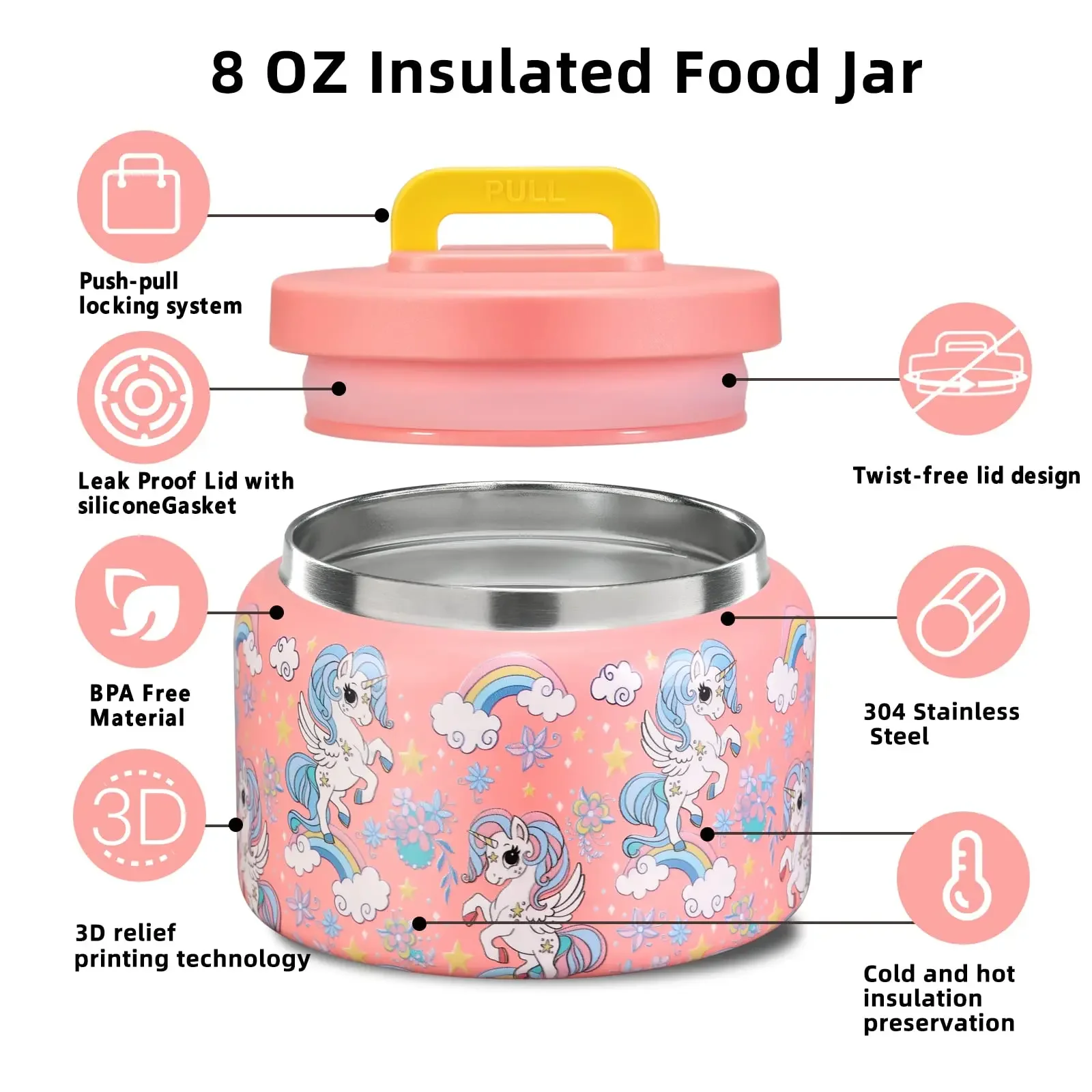 8 Oz Stainless Steel  Insualted Vacuum  Food Jar for Kids, BPA free, Leakproof