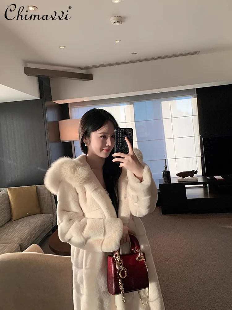 خريف شتاء جديد الراقية موضة الثعلب الفراء طوق طويل مقنعين معطف الفرو فضفاض أنيق دافئ تقليد فرو المنك سترة للنساء