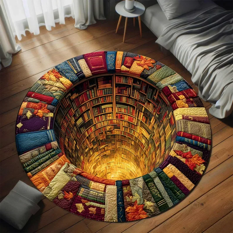 Library Books Round Rug Mat Trippy Book Hole Carpet Colorful Reading Nook Decor Round Floor Mat for Living Room Book Room Decor