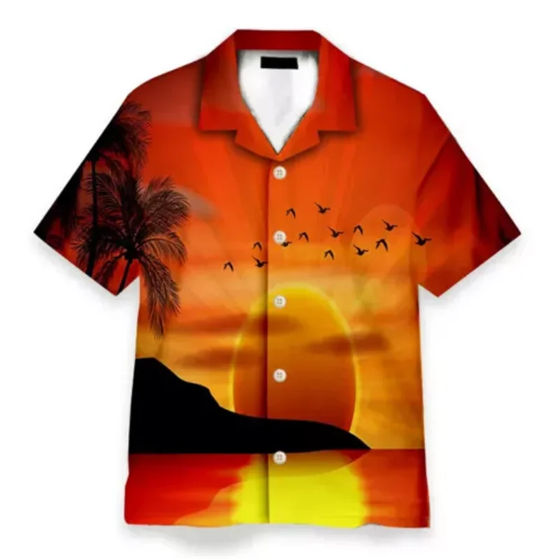 

Hawaii Summer 3D Beach Sunset Landscape Printed Shirt Men's Coconut Tree Pattern Shirt and Fun Y2k Short Sleeved Top Men's Shirt