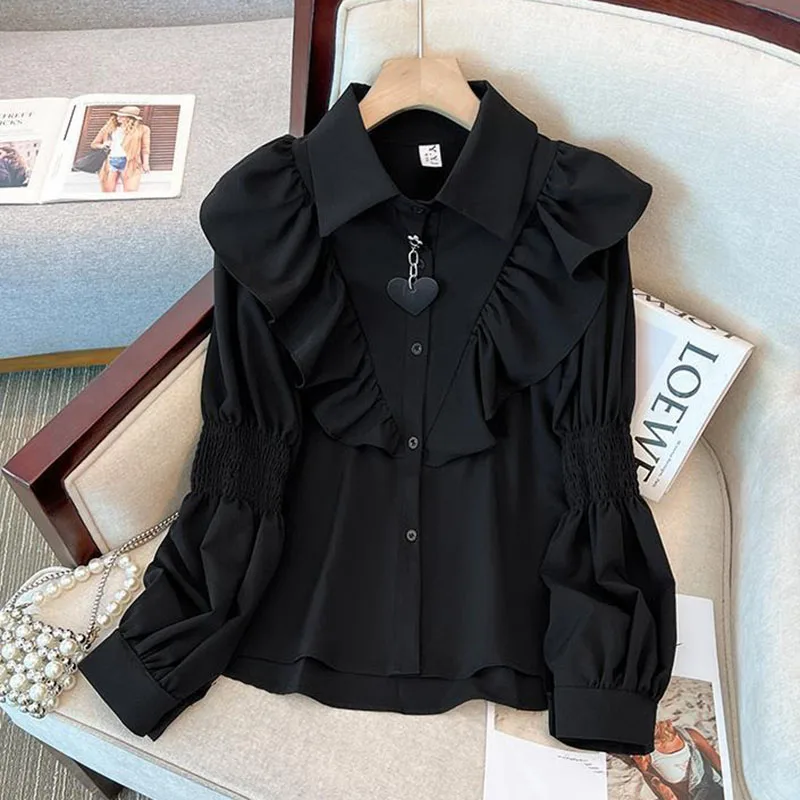 Blusa de manga abombada con volantes de estilo francés para mujer, camisas con solapa holgadas y elegantes de diseño coreano, camisetas blancas y negras de estilo universitario
