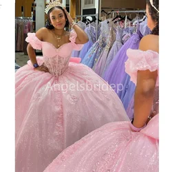 Angelsbridep Customized Glitter Tulle Pink Ball Gown 15 Year Old Quinceanera Dresses 2025 Appliques Off Shoulder Evening Dress