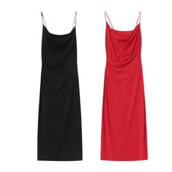 UNIZERA 2024 Summer New Women's Style Sexy Slim Fit Slim Slim Slim Strap Draping Crepe Solid Color Dress