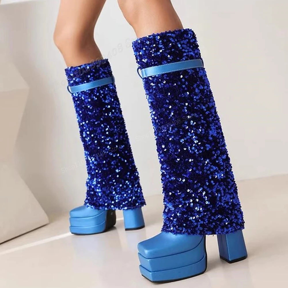 

Blue Color Glitter Knee High Boots Square Toe Chunky High Heel New Design Women Shoes 2023 Fashion Sexy Zapatos Para Mujere