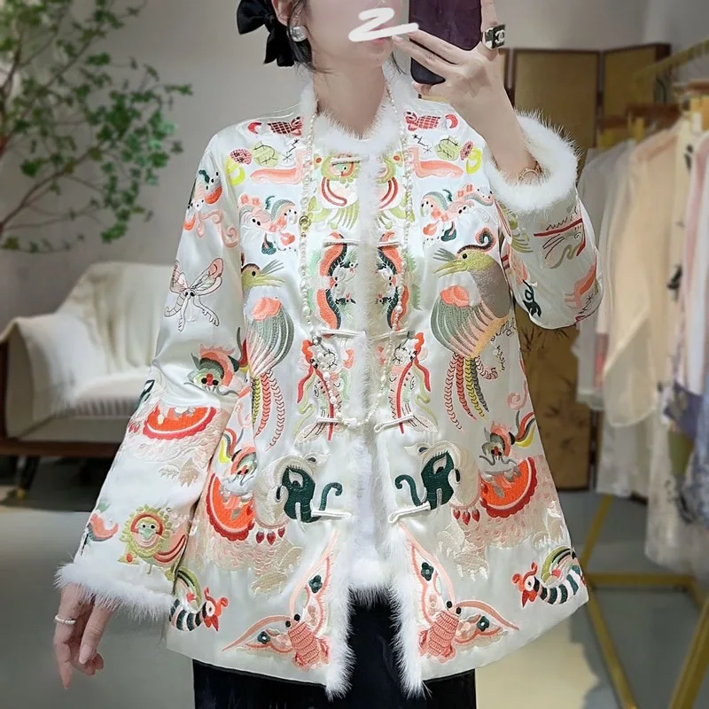 High-end Winter Women Warm Coat Retro Embroidery Elegant Lady Chinese New Year Acetate Jacket Female S-XXL