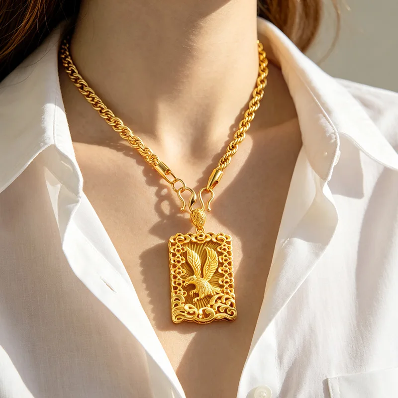 Daily Simple Grand Ambition Square Pendant Necklace For Men And Women 24K Gold AU999, Inspirational Solid Gold Couple Pendant