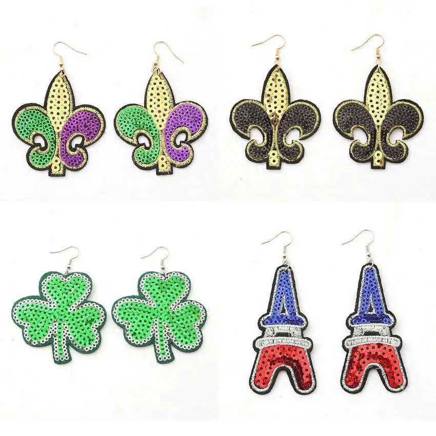 FLEUR DE LIS SEQUIN MARDI GRAS EARRINGS St. Patrick’s Day Sequin Dangle Post Earrings for Women Fat Tuesday Jewelry New Orleans