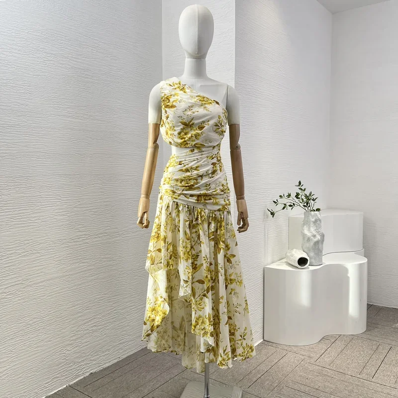 2025, neuer Stil, weiß, gelb, Blumendruck, ärmellos, asymmetrische Schulter, Ausschnitt an der Taille, unregelmäßiger Saum, Maxikleid