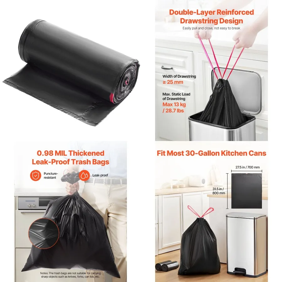 

VEVOR Drawstring Trash Bags 30 Gallon 50 Count Tall Kitchen Trash Bags Extra Thick Tough and Durable Garbage Bag Recyclable Bin