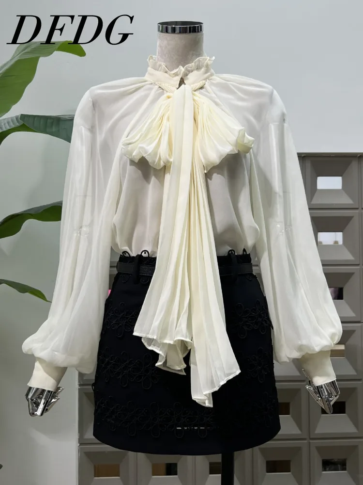 DFDG 2025 Primavera Estate Donna Sheer Manica lunga Nastro Cravatta Camicetta Gonna aderente Set Designer minimalista Office Beach Outfit