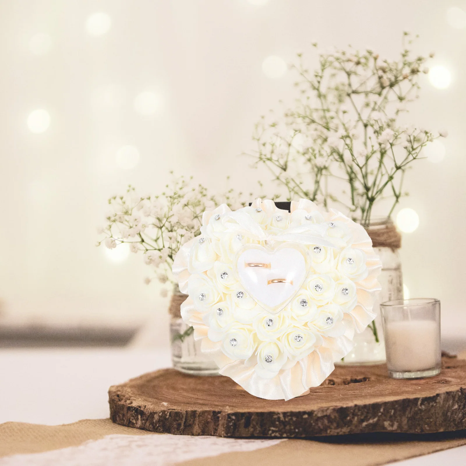 

Wedding Ring Pillow Heart Shape Transparent Box Rhinestone Rose Flower Design Bridal Party Jewelry Storage Wedding