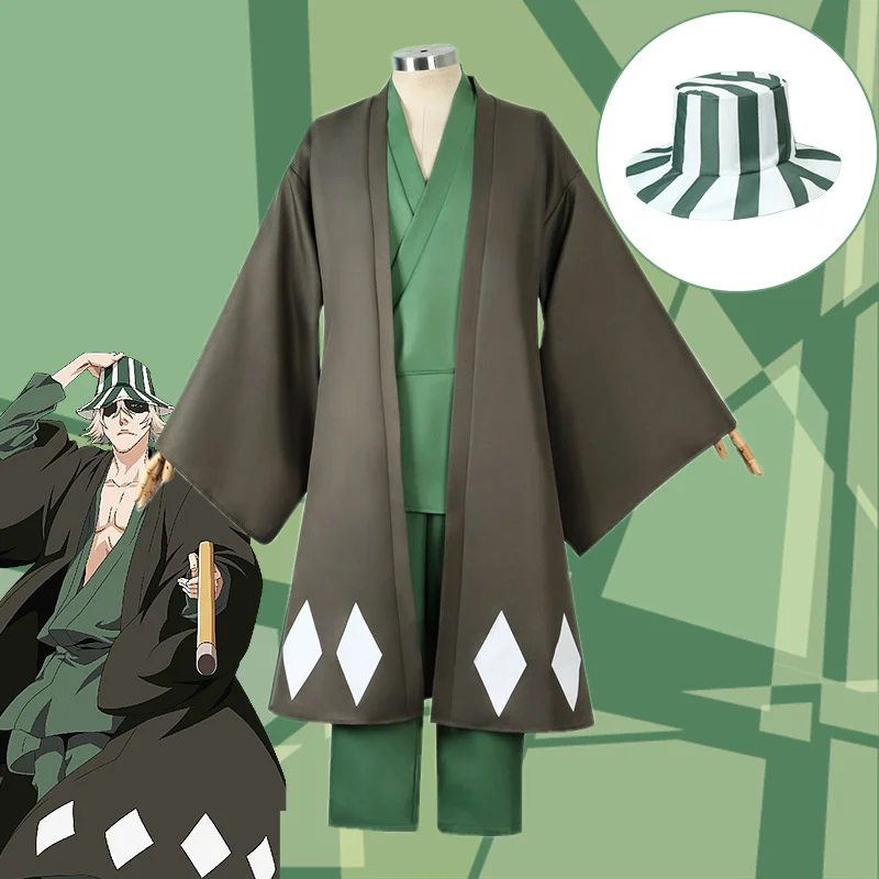 

Anime Bleach Cosplay Urahara Kisuke Costume Halloween Carnival Party Costume Men Women Black Kimono Pants Hat Outfits Clothes