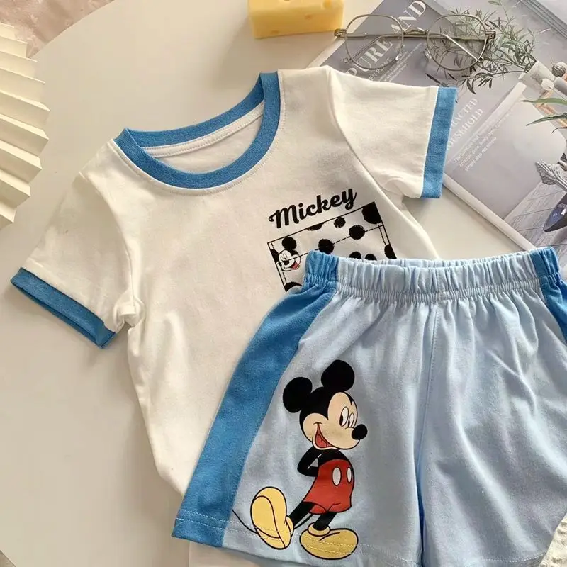 ديزني الأطفال مجموعة اللون حظر قصيرة الأكمام أعلى فضفاض الكرتون ميكي السراويل لينة القطن قطعتين مجموعة ملابس الفتيان الفتيات #4