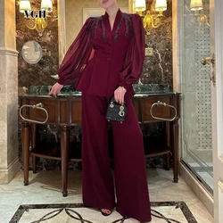 VGH Solid Chic Two Piece Sets for Women V Neck Long Sleeve Spliced Beading Mesh Slim Tops High Waist Pants Elegant Suits Female