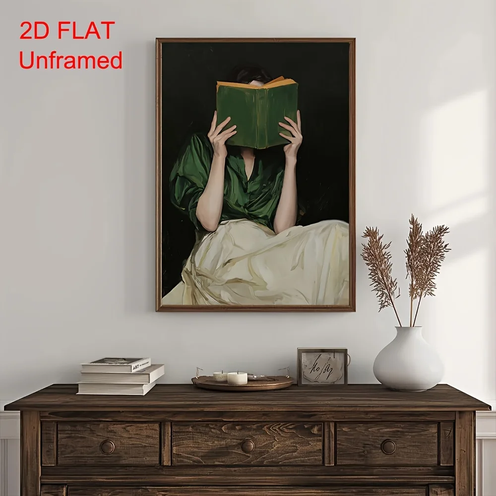 2D Flat, 1pc Unframed Woman Reading Book Dark Academia Canvas Poster Moody Feminine Bookish Vintage Wall Art Print Preppy Art