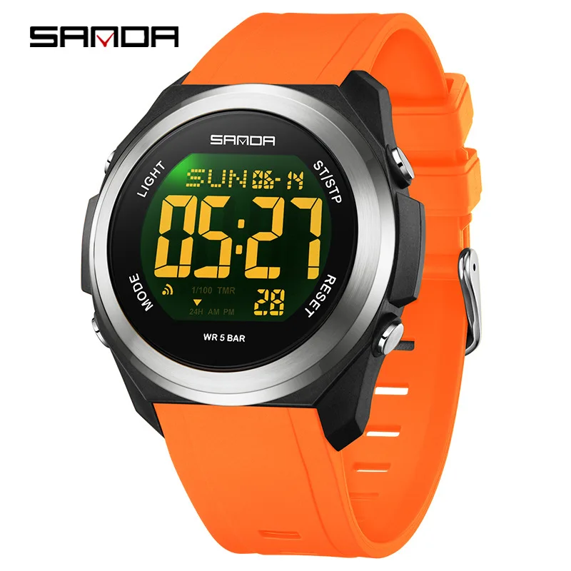 SANDA Cool ผู้ชายและผู้หญิงนาฬิกาอิเล็กทรอนิกส์ที่มีสีสัน Night Light กันน้ํานับถอยหลัง/นาฬิกาจับเวลา/นาฬิกาปลุกนาฬิกานักเรียน