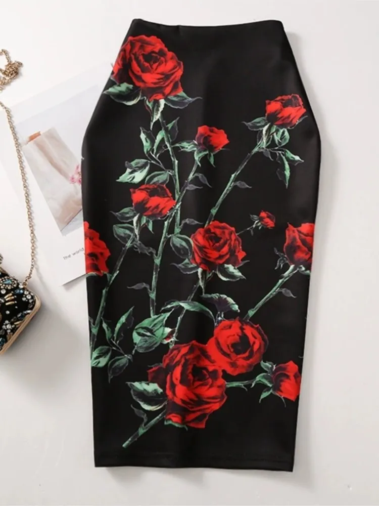 Femmes Vintage fleur imprimé jupe moulante mince Midi Sexy élégant jupe crayon sac hanche jupe de pansement hanche enveloppement Lolita jupe courte