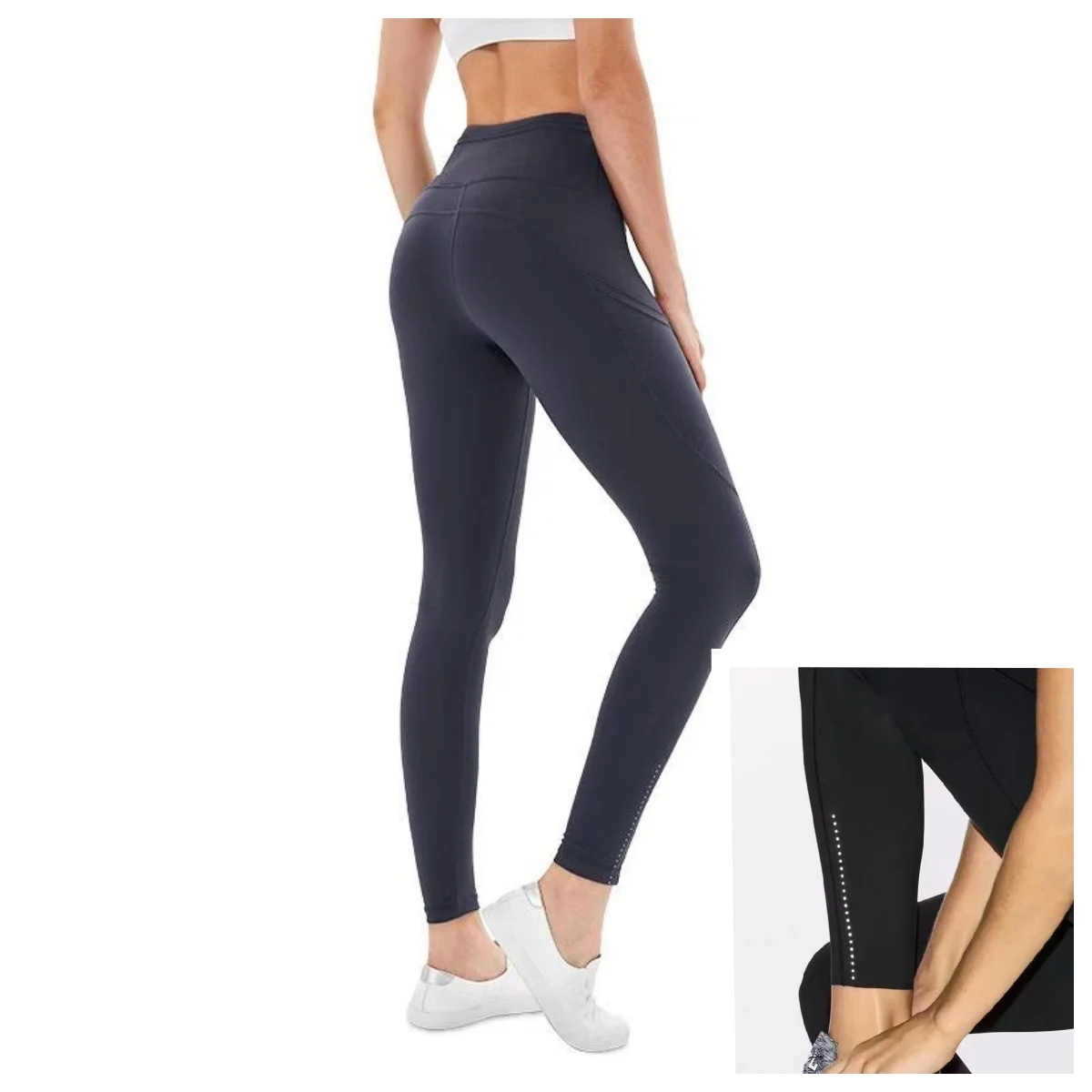 Women's high waisted multi pocket yoga pants with reflective calf straps for fitness and four sided elastic leggings