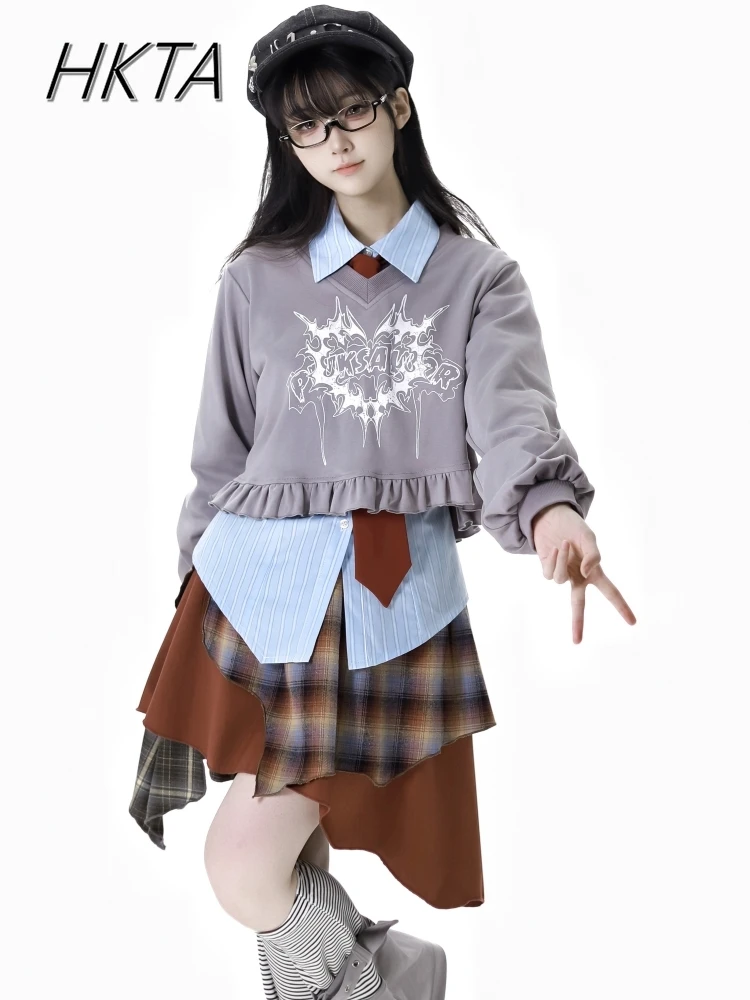 Spring Sweet Cool College Style Ruffled V Neck Long Sleeved Sweatshirt Women Waist Shirt Top Irregular Plaid Skirt Girl Sets