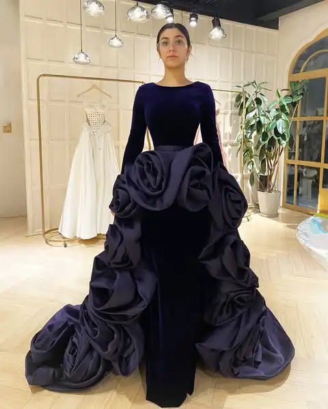 Amazing Dark Purple 3D Flower Long Evening Dresses With Detachable Train Full Sleeves Modest Velvet Long Formal Dress Prom Gowns