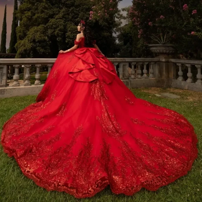 Shinning Red Sweep Train Quinceanera Dress Sequins Bow Ball Gown Tull Party Birthday Mexico Corset Sweet Vestido De 15 Anos