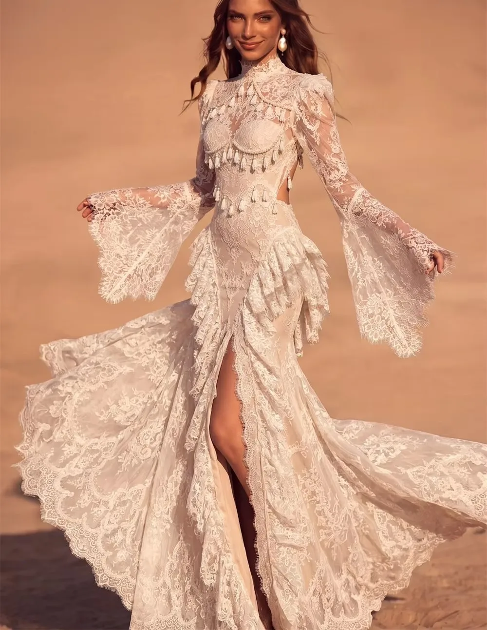 Chic Mermaid Wedding Dress High Split High Neck Long Sleeve Lace Pearls Boho Bride Bridal Party Formal Gowns Vestidos De Noiva