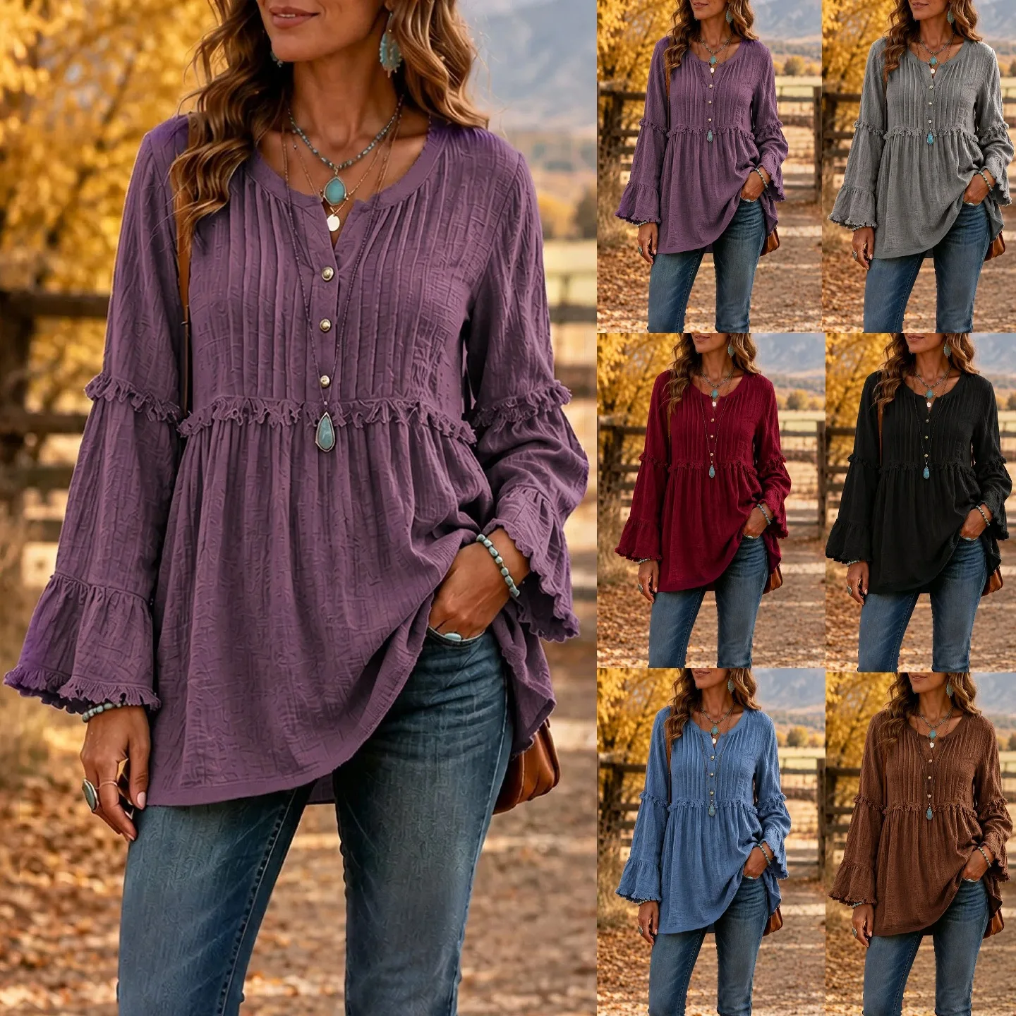 Women's Boho Ruffle Sleeve Tunic Top V-Neck Button Front Smocked Waist Loose Pleated Blouse Casual Fall Shir
