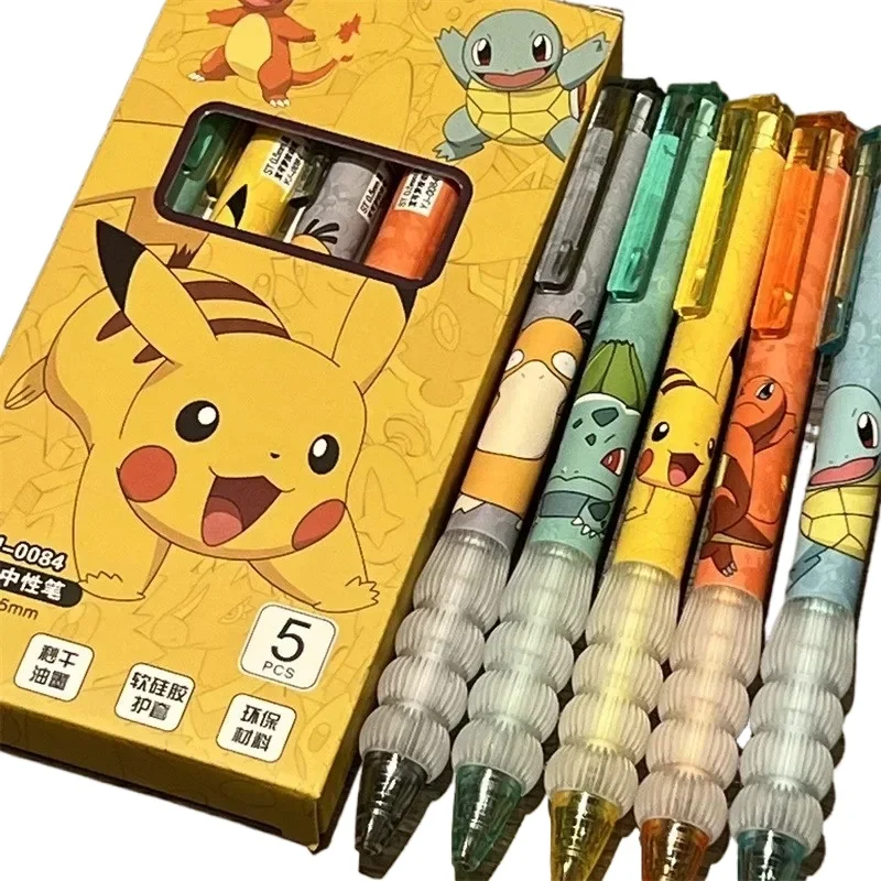 5pcs Pokemon Pens Pikachu Squirtle Charmander Cute Press Gel Pen Set Anime Cartoon School Office Stationery Supplies Gifts