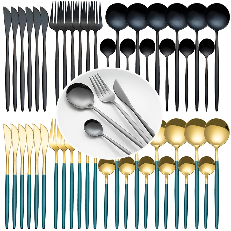 24pcs Black Western Dinnerware Set Stainless Steel Cutlery Set Fork Knife Spoon Tableware Set Flatware Set Silverware Set