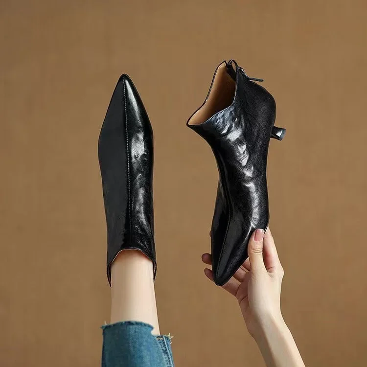 Vintage Spitze Damen Stiefeletten Mode Dickabsatz Schuhe Schlichte Kurze Botas De Mujer – Detail 4