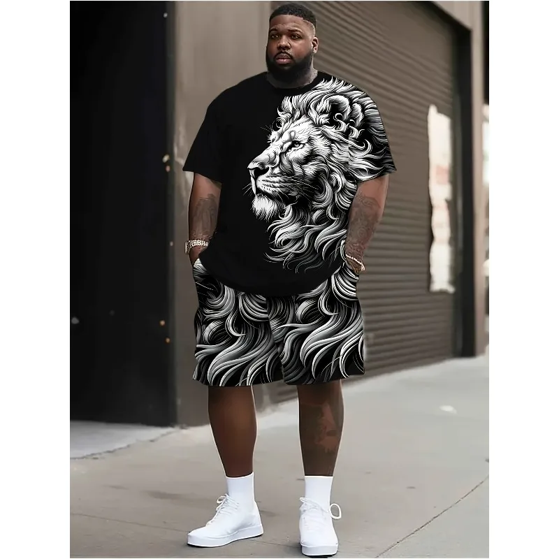 2025 Men's Summer 3D Printed T-shirt and Shorts Set Daily Casual Sports Round Neck Polyester Fiber Material