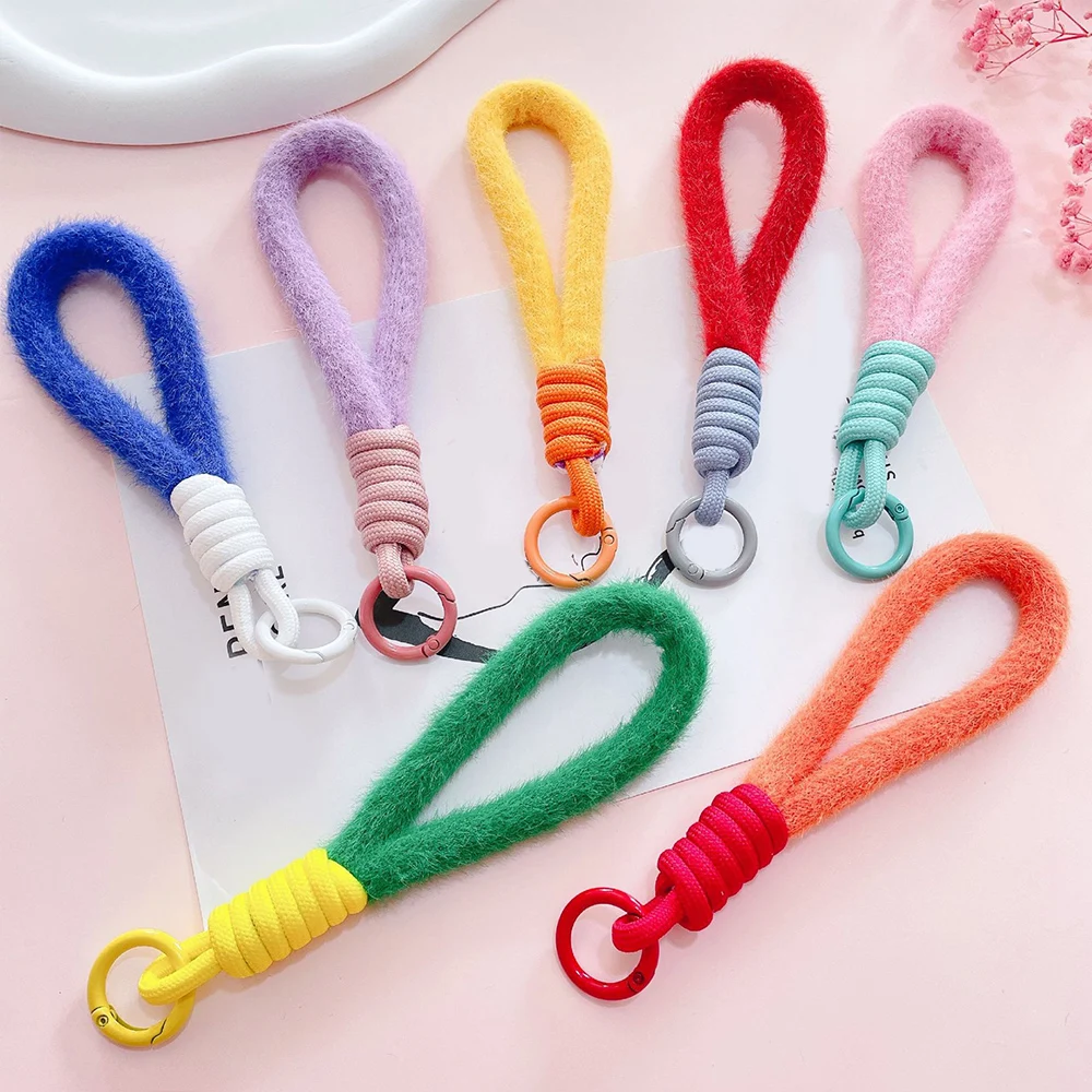 Colorful Plush Mobile Phone Lanyard Hanging Chain Ring Cord Keychain Keyring Anti-loss Rope Wrist Strap Universal Woven