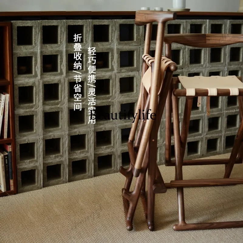 NQ52 Nordic retro bar folding chair solid wood high chair casual tea chair cowhide sitting surface