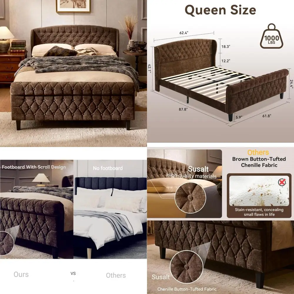 

Queen Sleigh Bed with Wingback Headboard and Chenille Upholstered Platform Base, Scroll Footboard, Button Tufted