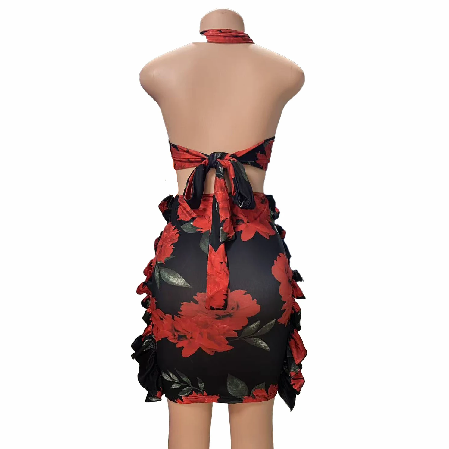 Women Floral Print 2 Piece Outfit Halter Cutout Crop Top Ruffle Side Bodycon Mini Skirt Set