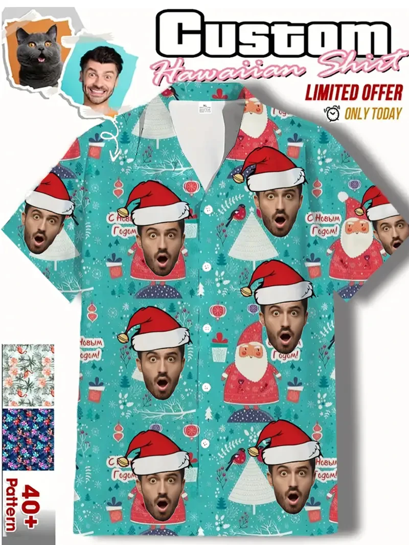 

Рождественские рубашки 2025 года, унисекс, с 3D принтом, персонализированные мужские рождественские рубашки с забавным лицом, женские блузки с короткими рукавами и лацканами, топы