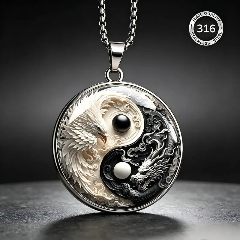 Modischer Glas-Zeit-Edelstein Weißer Phönix-Drachen-Talisman-Schlüsselanhänger Yin-Yang-Fisch Runder Glasanhänger DIY-Halskette Partygeschenk – Detail 3