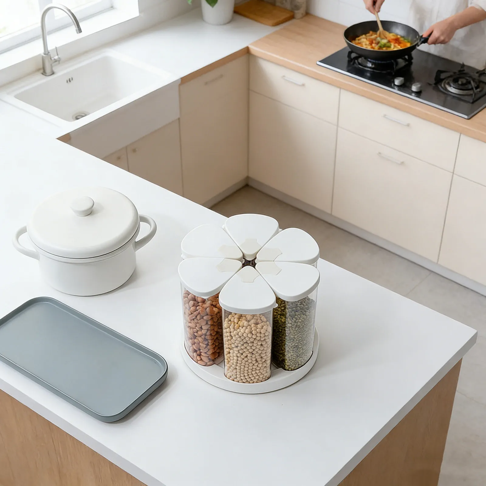 6-Fach Drehbarer Getreidebehälter Luftdichter Vorratsbehälter für Reis, Mehl, Bohnen, Hafer, Hirse, Rote Bohnen, Küchen-Vorratskammer