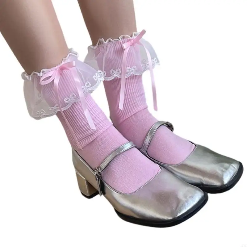 

L5YC Fashionable Ruffle Mesh Splicing Ankle Socks with Bows Detail Breathable Elegant Solid Color Middle Tube Socks for Women