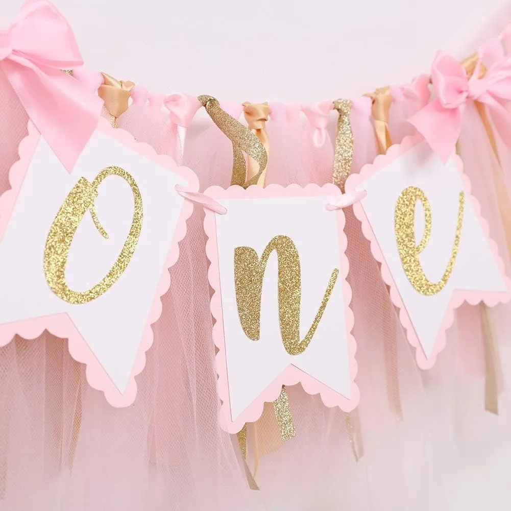 1PC First Kids Birthday Pink Bowknot Highchair Banner Baby Shower Girl One Highchair Garland