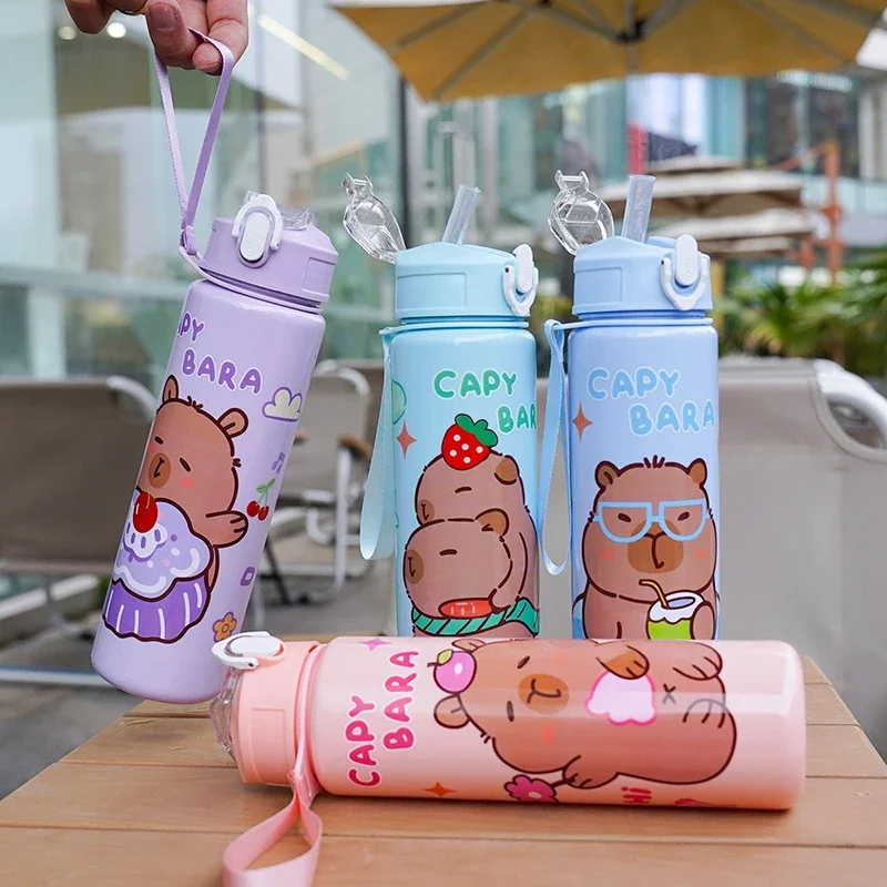 750ML Cute Capybara Cartoon Kids Water Bottle, Leakproof Sippy Cup with Straw, Portable Plastic Cup for Children Outdoor Travel