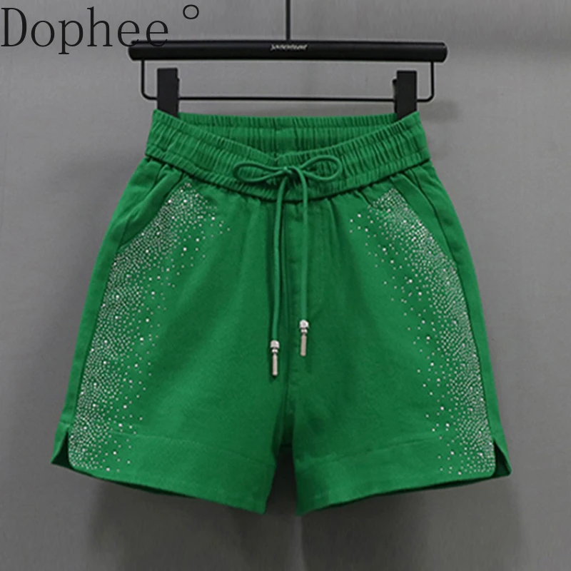 

Korea All-match Elastic High Waist Denim Shorts New Spring Summer Hot Drilling Wide Leg Pants Candy Color Casual A-line Shorts