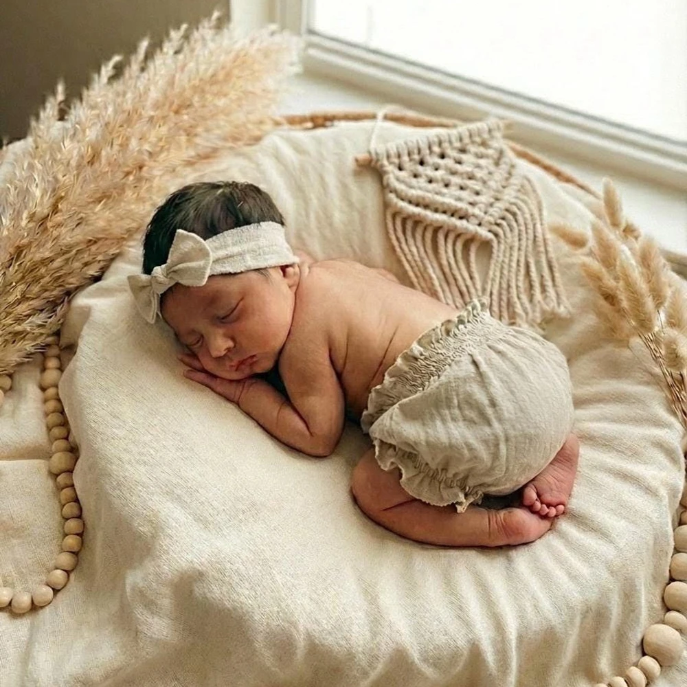 リネンコットン新生児ブルマーショーツフリルレッグスモックウエストベビー写真撮影小道具写真撮影衣装