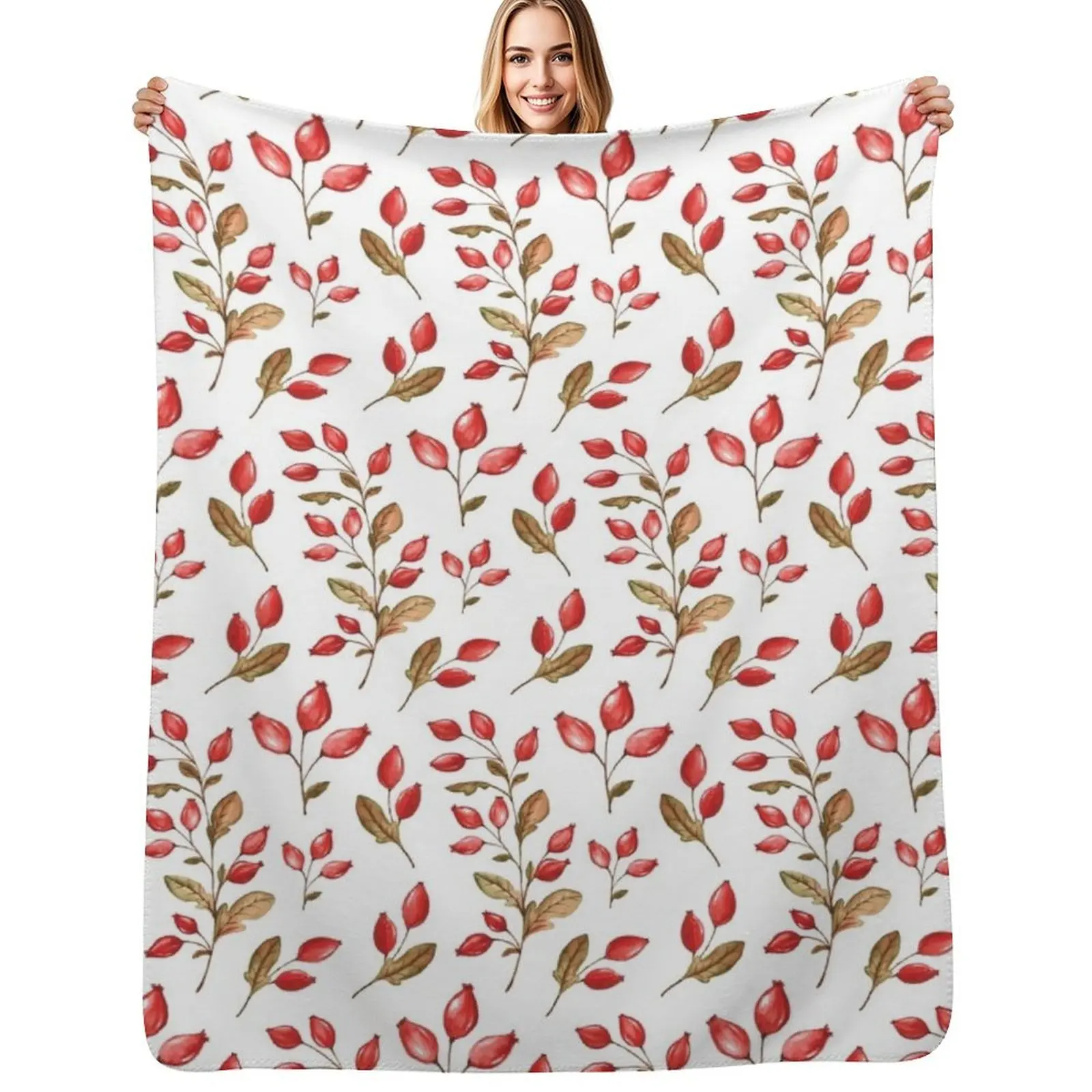 

Watercolor Rosehip Pattern Throw Blanket Travel Flannels Kid'S Winter beds Blankets