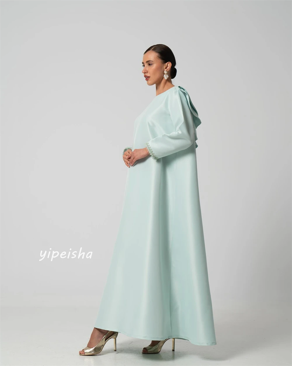 Jiayigong  Satin Draped Ruched Pleat Engagement A-line O-Neck Bespoke Occasion Gown Long Sleeve Dresses Saudi Arabia